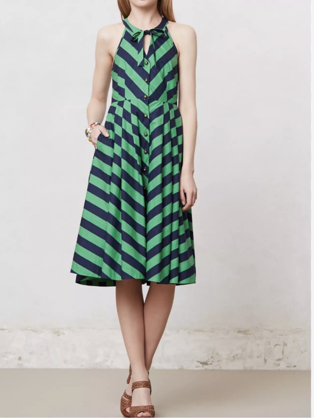 Anthropologie Girls From Savoy Midi Dress Green Navy Chevron Stripe Button Front